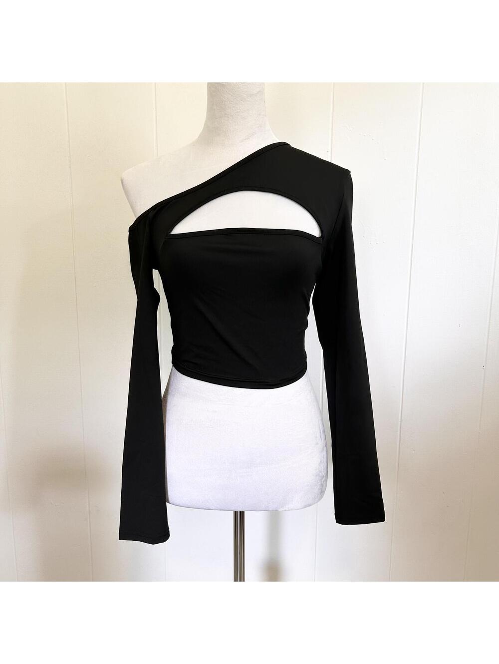 Unbranded Black Cutout Long Sleeve One Shoulder Cropped Top Women's Medium